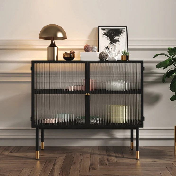 Credenza nera con ante vetro, stile Glam, tavolo da buffet da 35,4 pollici di altezza Clearhalo