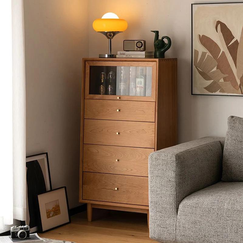 Credenza portaoggetti legno massello stile nordico con anta vetro e cassetti Clearhalo