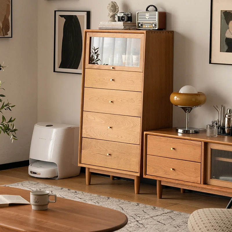 Credenza portaoggetti legno massello stile nordico con anta vetro e cassetti Clearhalo
