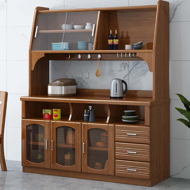 Credenza da pranzo moderna con porte vetro Buffet legno di gomma per soggiorno Clearhalo