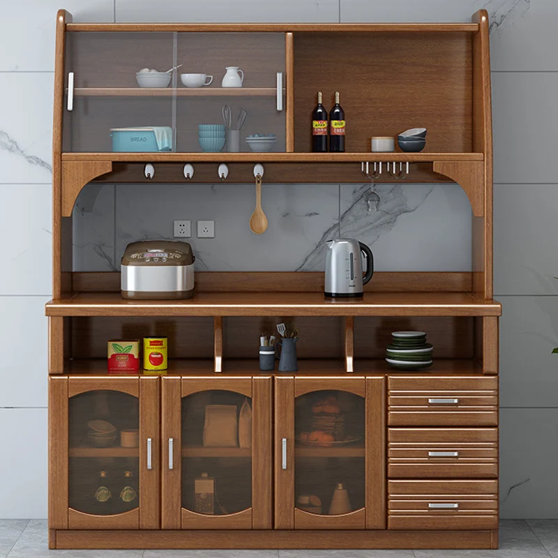 Credenza da pranzo moderna con porte vetro Buffet legno di gomma per soggiorno Clearhalo