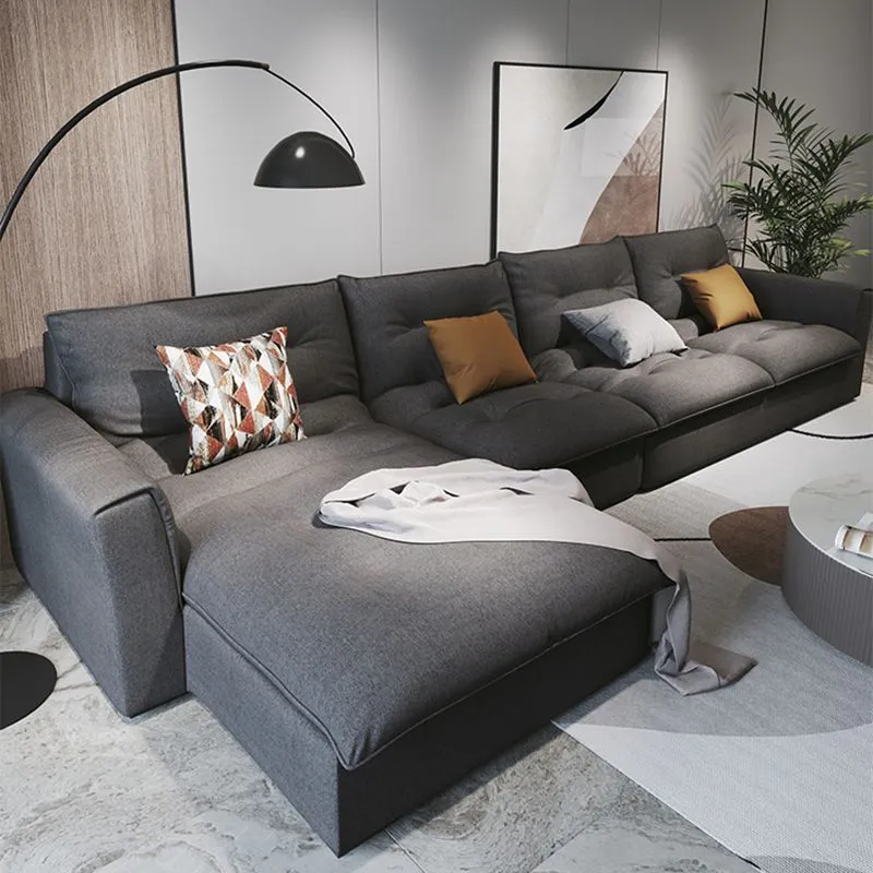 Divano e chaise longue moderni lino grigio componibile con braccioli quadrati per appartamento Clearhalo