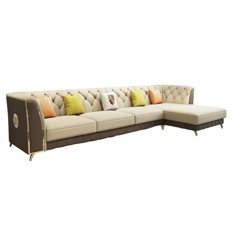 Divano e chaise longue vera pelle con schienale capitonnè e braccioli incassati Clearhalo