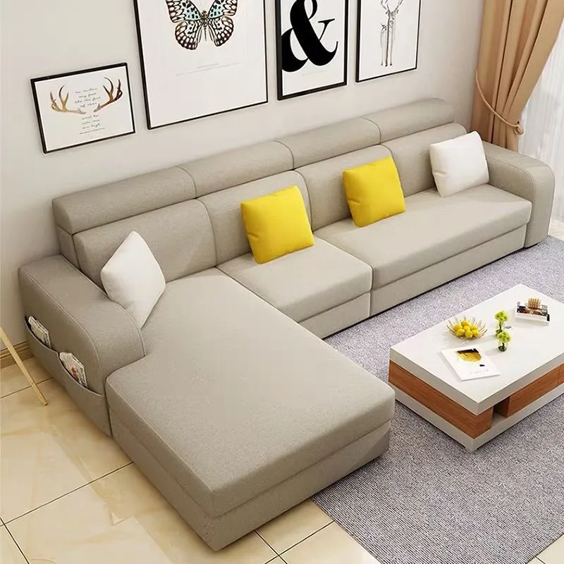 Divano componibile da 110"L e chaise longue con braccioli quadrati ecopelle/lino per soggiorno Clearhalo