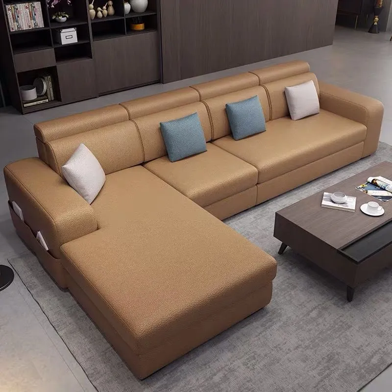 Divano componibile da 110"L e chaise longue con braccioli quadrati ecopelle/lino per soggiorno Clearhalo