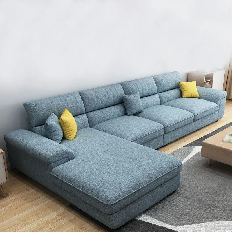 Divano componibile blu scandinavo forma di L con braccioli con cuscino e schienale alto Clearhalo