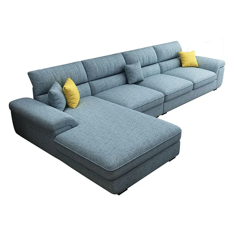 Divano componibile blu scandinavo forma di L con braccioli con cuscino e schienale alto Clearhalo