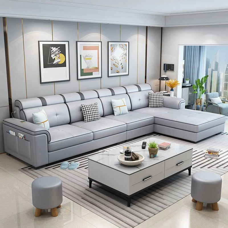 Divano componibile forma di L ecopelle/lino con chaise longue reversibile e contenitore Clearhalo