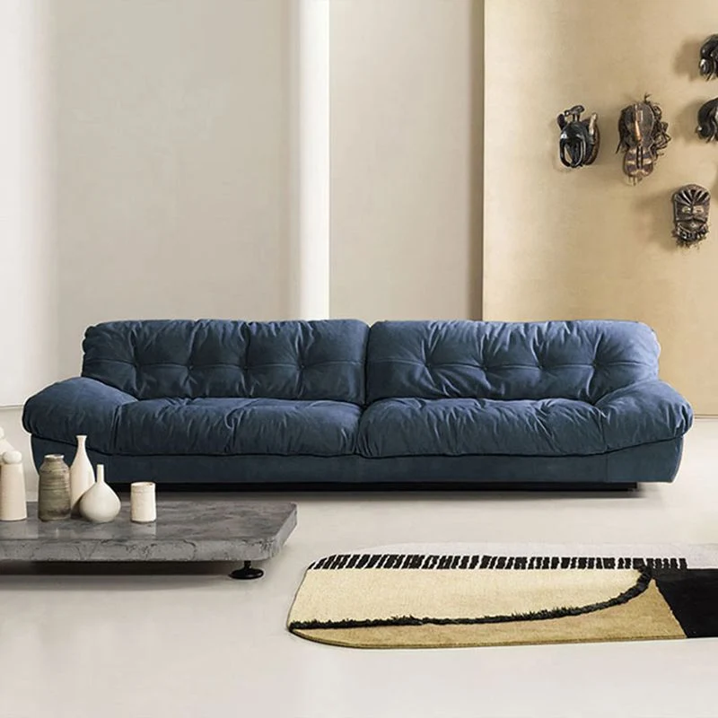 Divano con braccioli rettangolari blu stile moderno, con base materiale di pino e pelle di daino Clearhalo