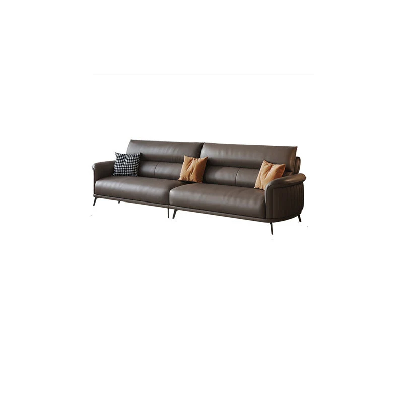 Divano con braccioli svasati e cuscini sostegno. Divano moderno pelle marrone Clearhalo
