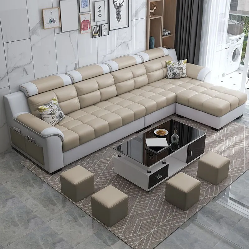 Divano con schienale cucito con pouf incluso e spazio per riporre oggetti per quattro persone Clearhalo