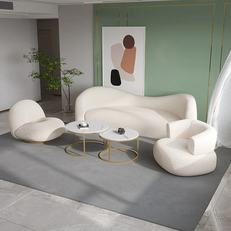 Divano curvo con bracciolo inclinato tessuto bianco moderno con schienale stretto Clearhalo