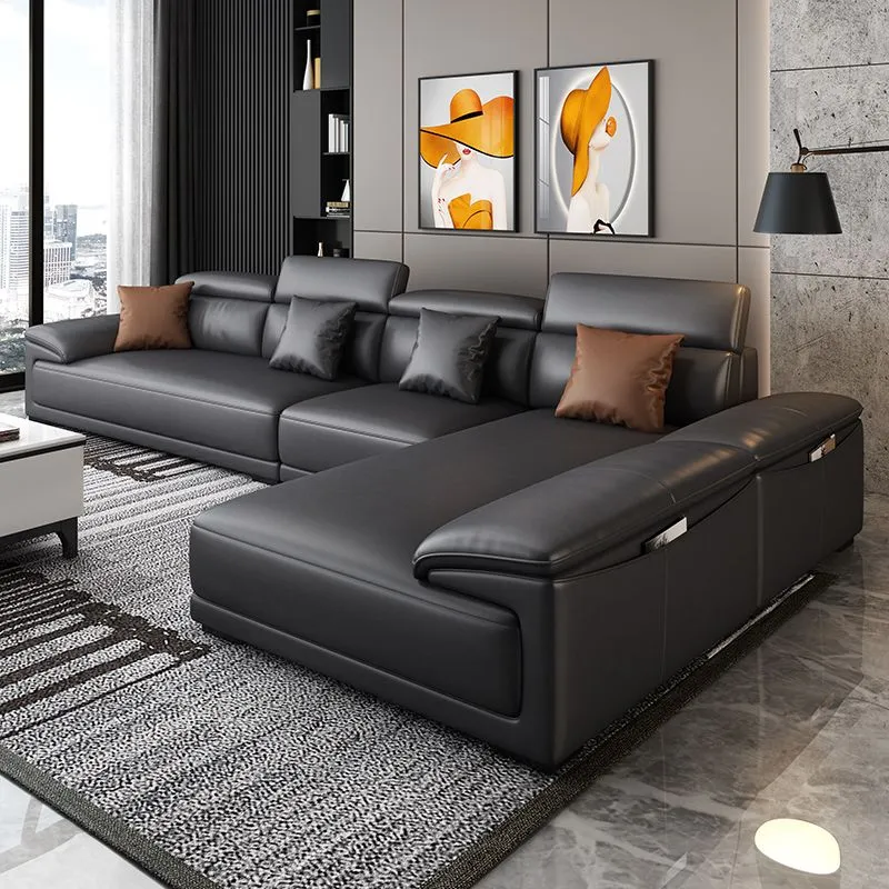 Divano ecopelle nera Divano con bracciolo superiore da 33,46" H e chaise longue Clearhalo
