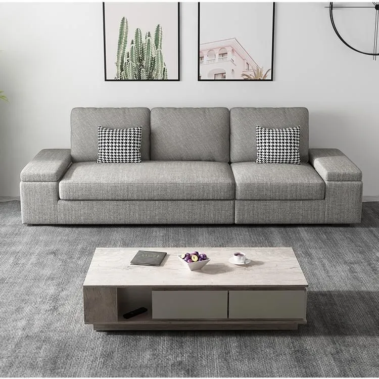 Divano fisso con cuscini grigi con braccioli quadrati rivestiti con contenitore Clearhalo