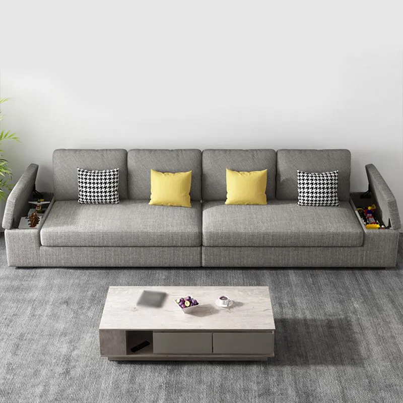 Divano fisso con cuscini grigi con braccioli quadrati rivestiti con contenitore Clearhalo