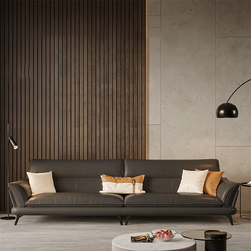 Divano fisso contemporaneo con braccioli svasati con schienale cucito grigio scuro Clearhalo