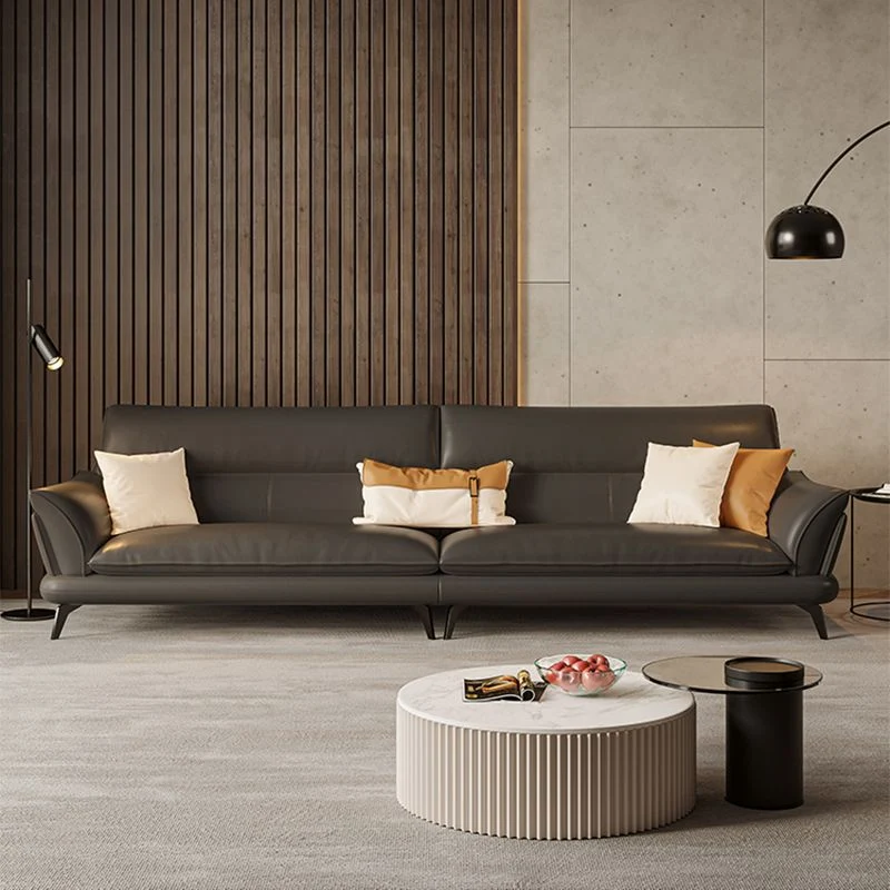 Divano fisso contemporaneo con braccioli svasati con schienale cucito grigio scuro Clearhalo