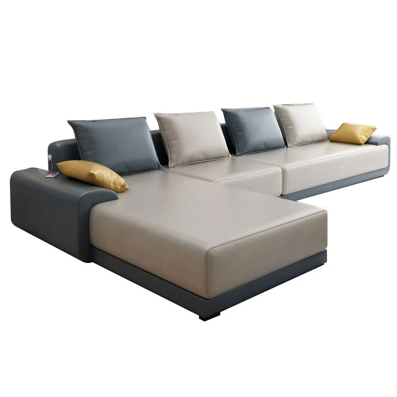 Divano forma di L con schienale imbottito e chaise longue componibile ecopelle/misto cotone per 4 persone Clearhalo