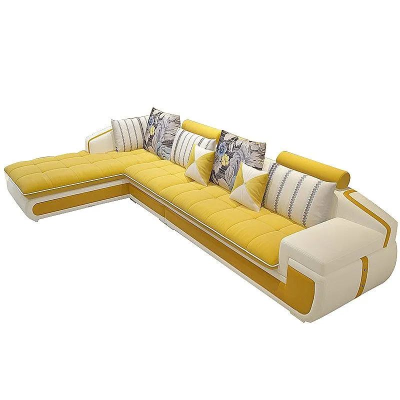 Divano forma di L tessuto con braccioli quadrati e chaise componibile con rivestimento fodera e schienale con cuscino Clea...