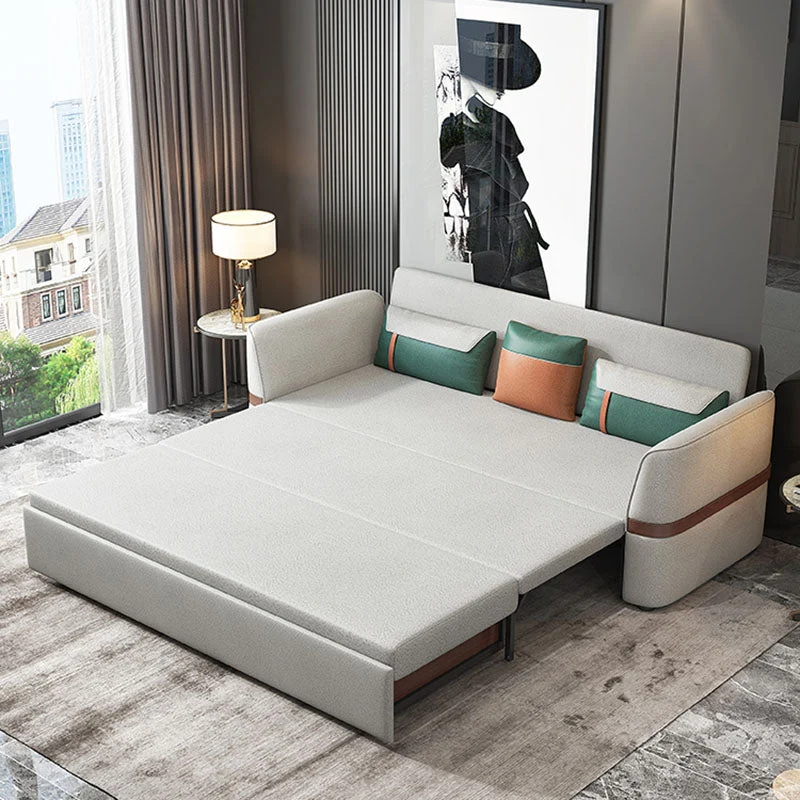 Divano letto antimacchia grigio con braccioli svasati e 3 cuscini Clearhalo