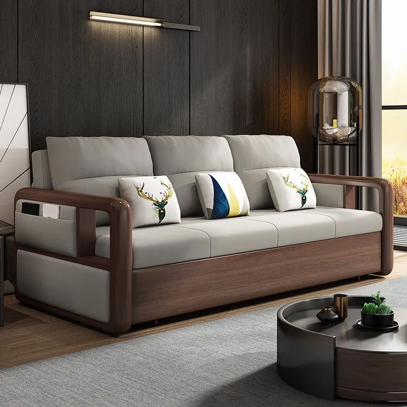 Divano letto con braccioli tondi per divano con schienale cucito tessuto con finitura noce Clearhalo