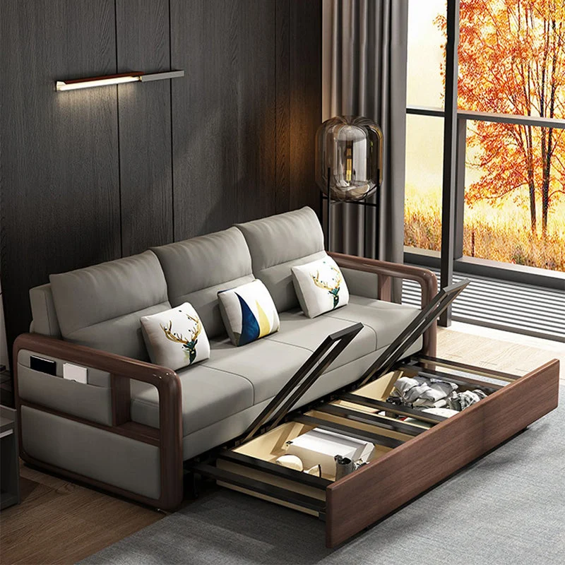 Divano letto con braccioli tondi per divano con schienale cucito tessuto con finitura noce Clearhalo