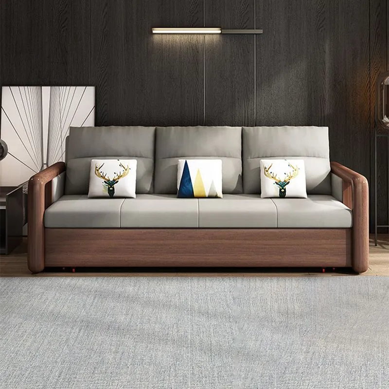 Divano letto con braccioli tondi per divano con schienale cucito tessuto con finitura noce Clearhalo