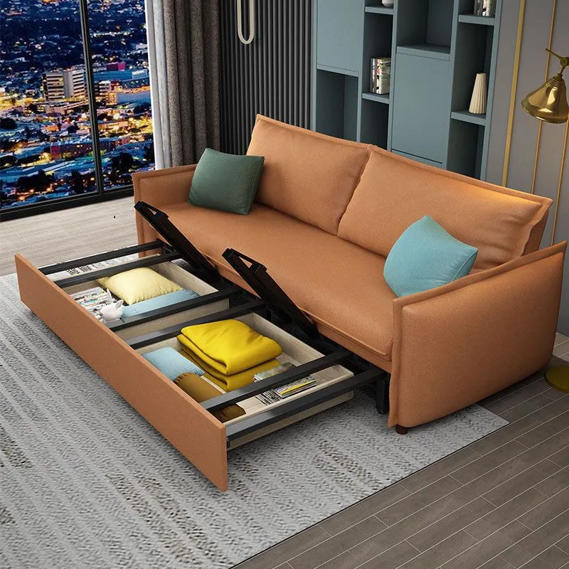 Divano letto con rivestimento arancione, 2 cuscini sullo schienale e braccioli quadrati Clearhalo
