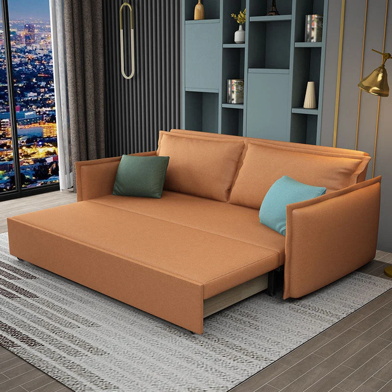 Divano letto con rivestimento arancione, 2 cuscini sullo schienale e braccioli quadrati Clearhalo