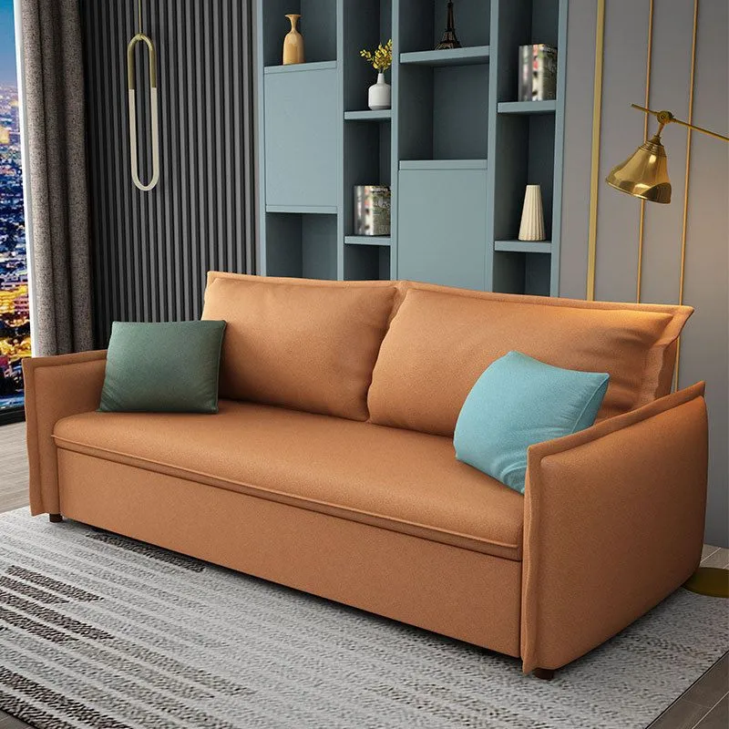 Divano letto con rivestimento arancione, 2 cuscini sullo schienale e braccioli quadrati Clearhalo