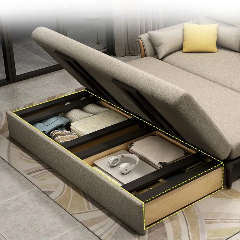 Divano letto convertibile moderno lino con braccioli svasati e contenitore Brone Clearhalo