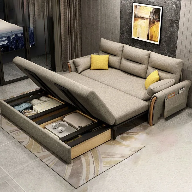Divano letto convertibile moderno lino con braccioli svasati e contenitore Brone Clearhalo
