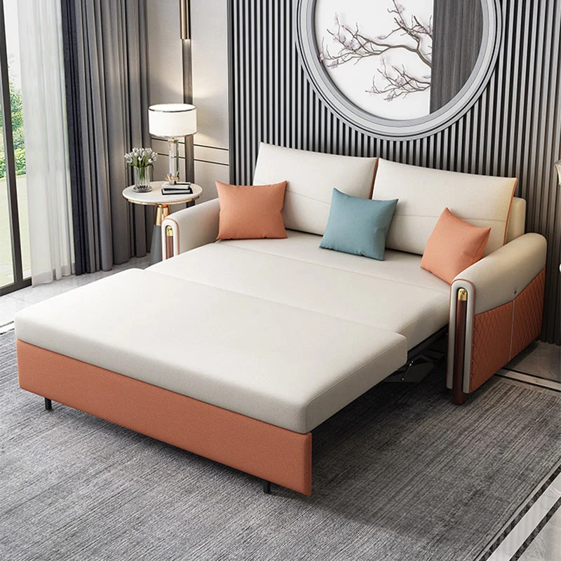 Divano letto moderno antimacchia ecopelle con braccioli quadrati e 2 cuscini Clearhalo