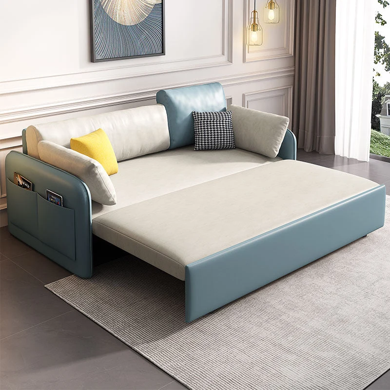 Divano letto moderno con braccioli quadrati ecopelle da 80 cm di altezza con contenitore Clearhalo