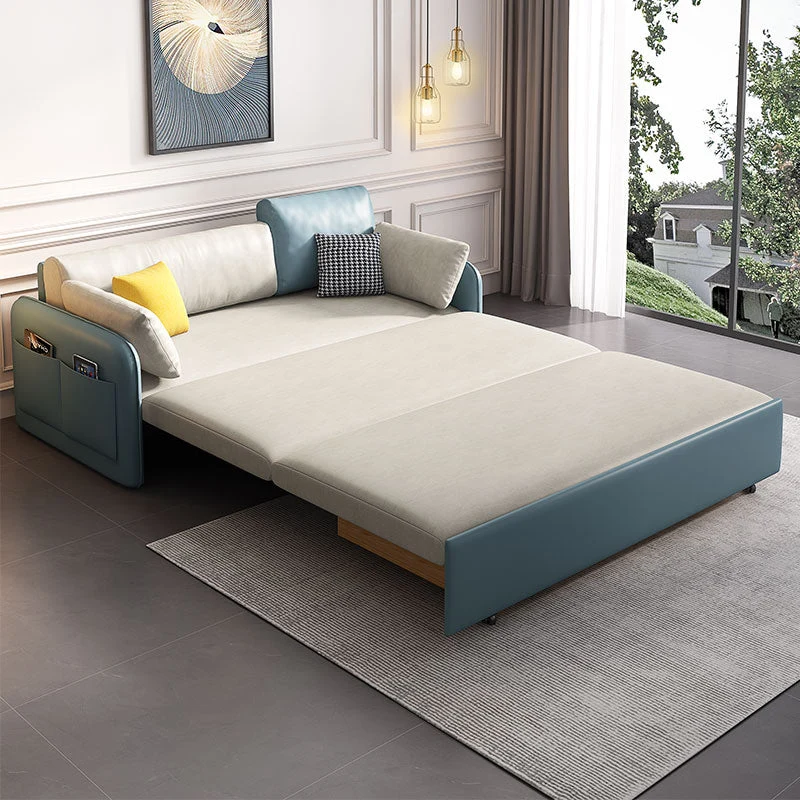 Divano letto moderno con braccioli quadrati ecopelle da 80 cm di altezza con contenitore Clearhalo