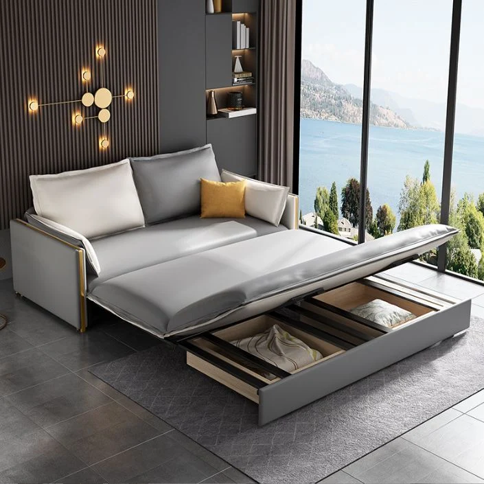 Divano letto moderno con braccioli quadrati Divano ecopelle grigia con contenitore Clearhalo