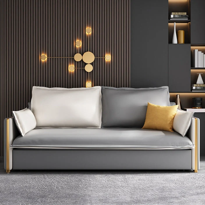 Divano letto moderno con braccioli quadrati Divano ecopelle grigia con contenitore Clearhalo