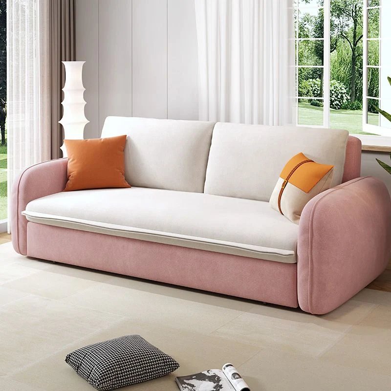 Divano letto moderno con braccioli quadrati e cuscini rosa e bianco Clearhalo
