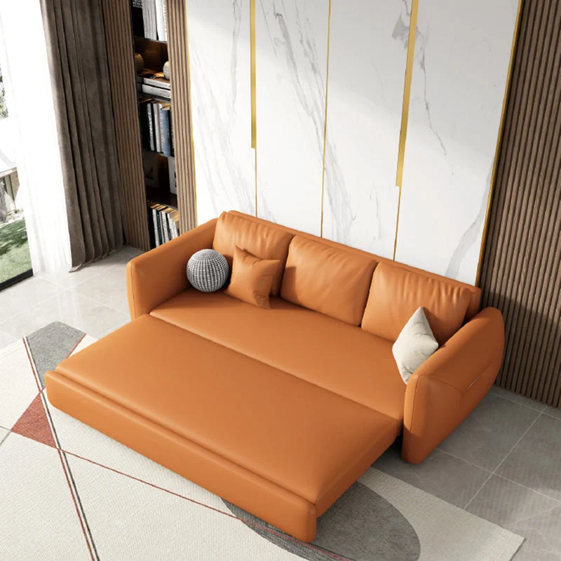 Divano letto moderno con braccioli quadrati ecopelle marrone Clearhalo