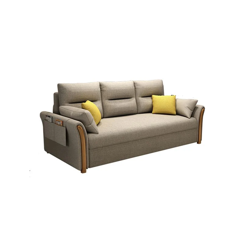 Divano letto moderno convertibile con braccioli svasati misto cotone e cuscini Clearhalo