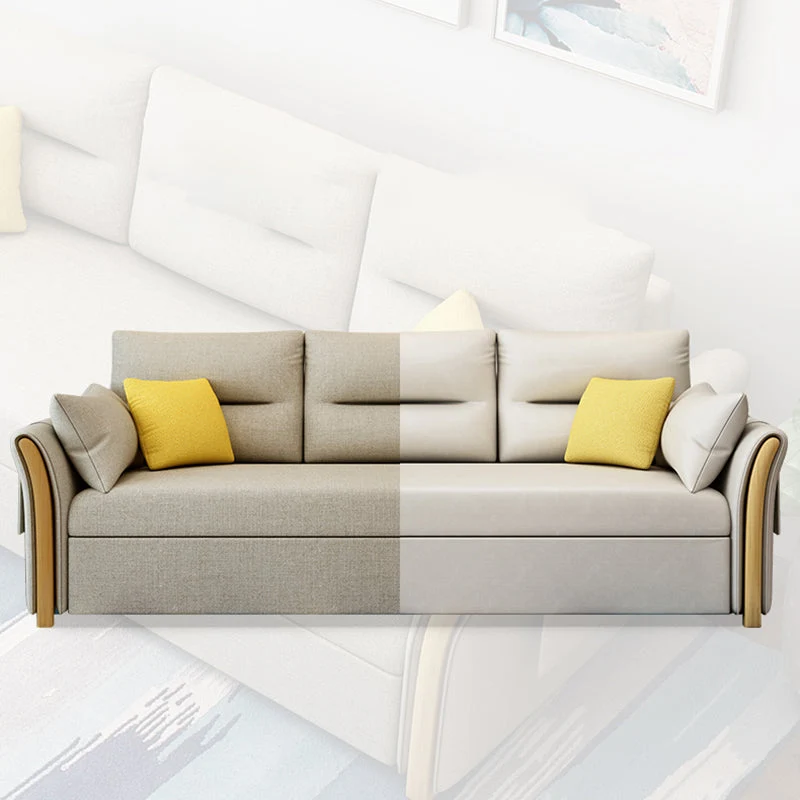 Divano letto moderno convertibile con braccioli svasati misto cotone e cuscini Clearhalo