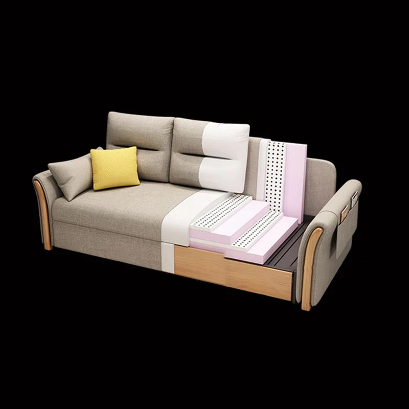 Divano letto moderno convertibile con braccioli svasati misto cotone e cuscini Clearhalo
