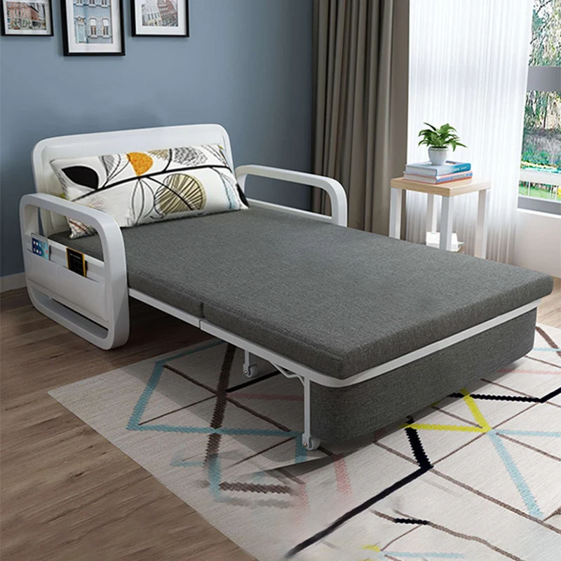 Divano letto moderno convertibile misto cotone con braccioli quadrati grigio Clearhalo