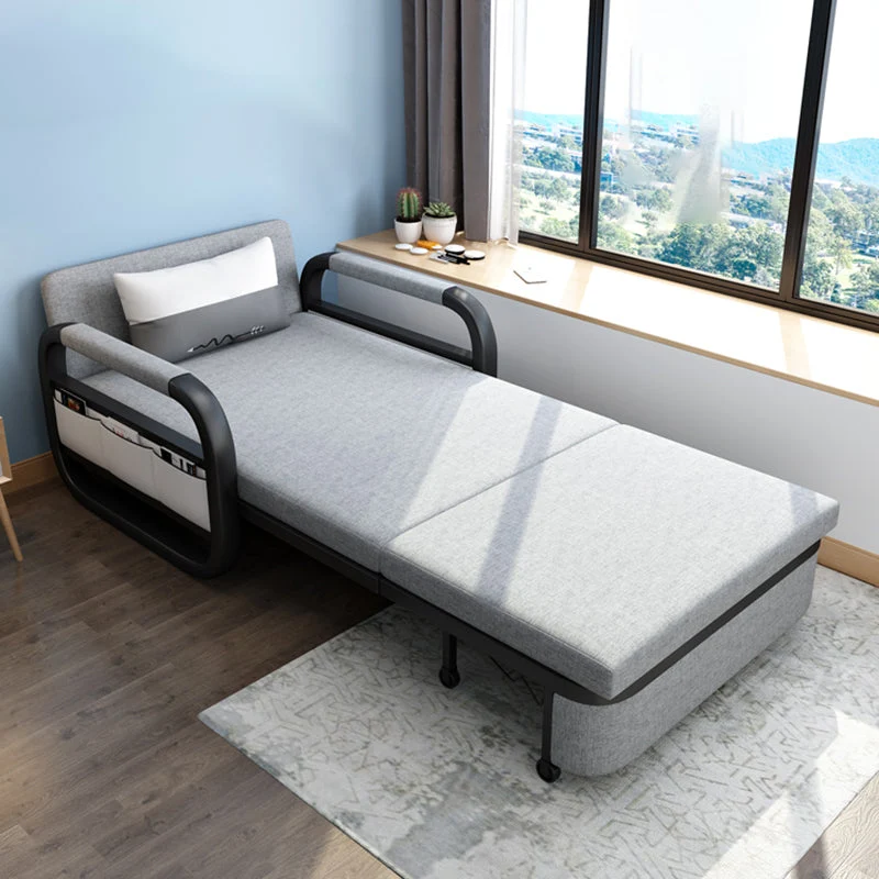 Divano letto moderno misto cotone con braccioli quadrati grigio per 2 persone Clearhalo