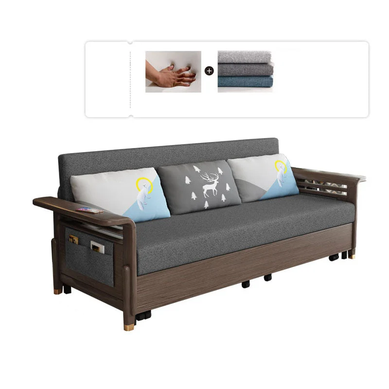 Divano letto tessuto con 3 cuscini Divano legno massello con finitura noce Clearhalo