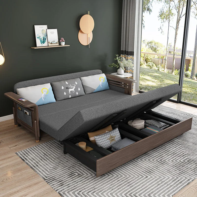 Divano letto tessuto con 3 cuscini Divano legno massello con finitura noce Clearhalo