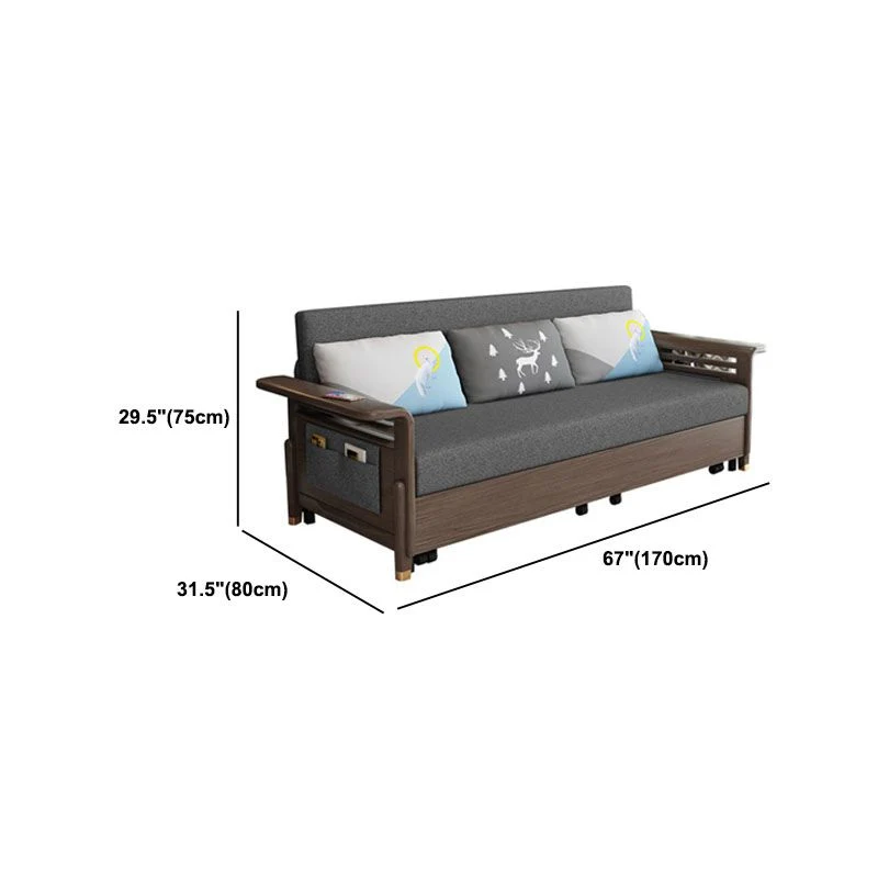 Divano letto tessuto con 3 cuscini Divano legno massello con finitura noce Clearhalo