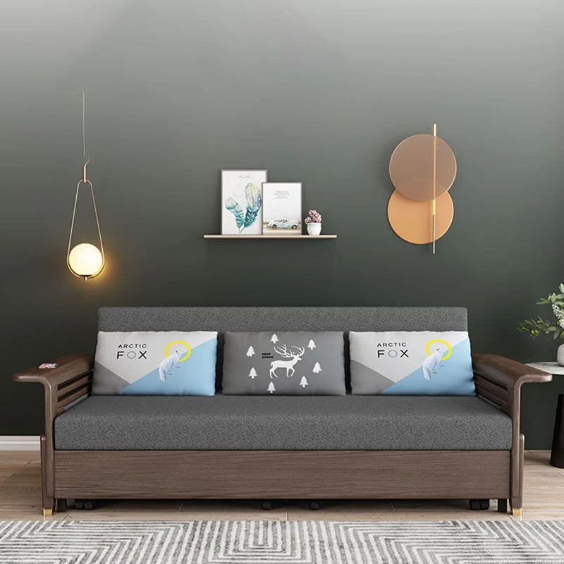 Divano letto tessuto con 3 cuscini Divano legno massello con finitura noce Clearhalo