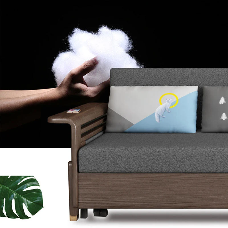 Divano letto tessuto con 3 cuscini Divano legno massello con finitura noce Clearhalo