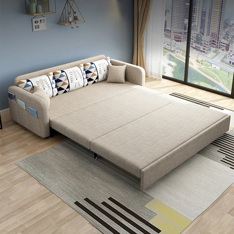 Divano letto trasformabile pieghevole moderno lino con braccioli quadrati per appartamento, lavabile Clearhalo